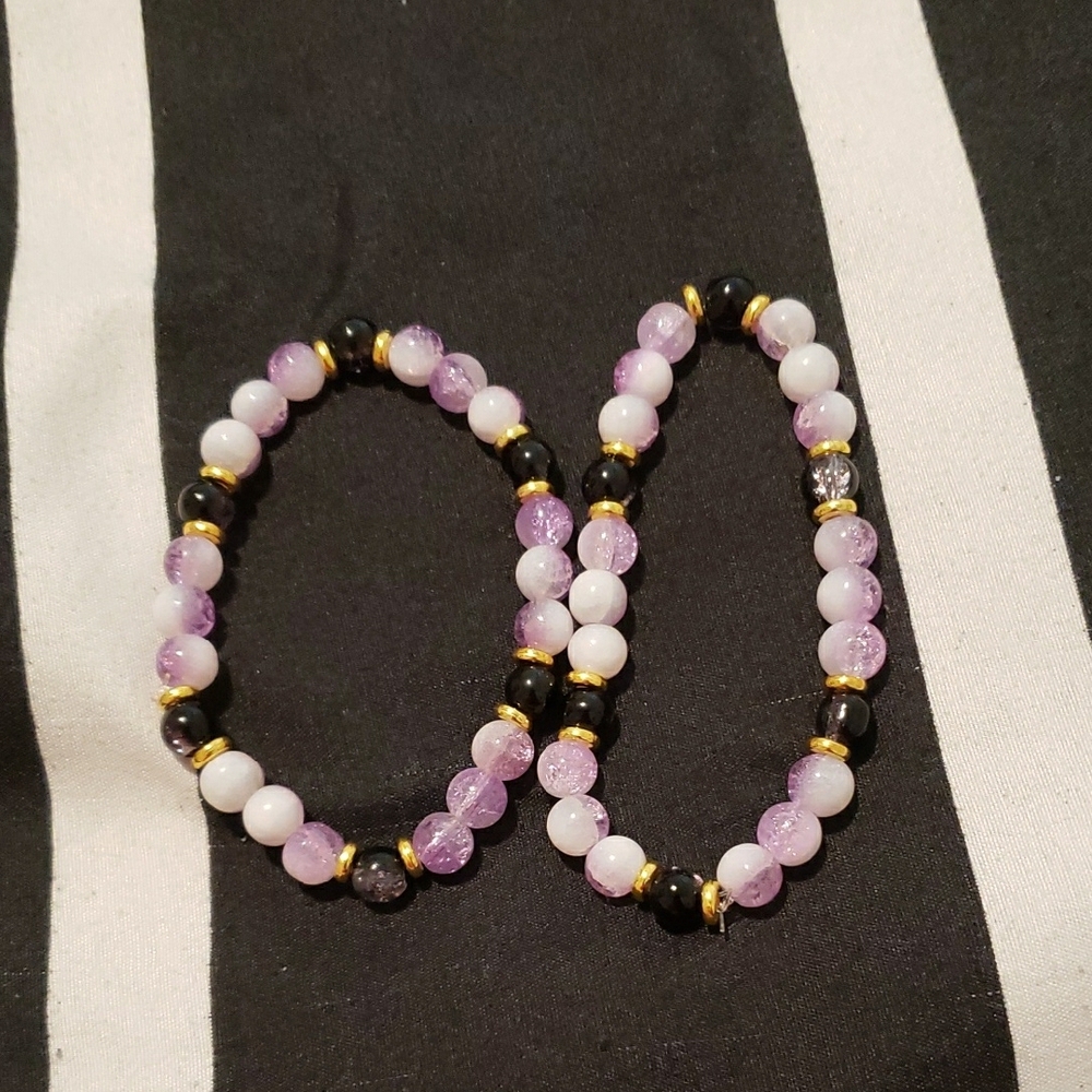 Elegant Purple and Black Beaded Bracelet Set